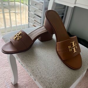 Tory Burch Brown Heeled Slides with Gold Logo NEW